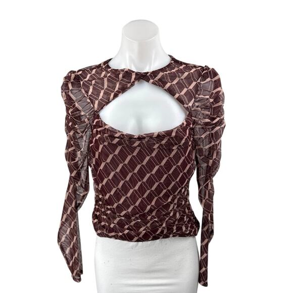 ASTR The Label Red Geometric Long Puff Sleeve Cutout Blouse Crop Top Size M - Picture 2 of 4